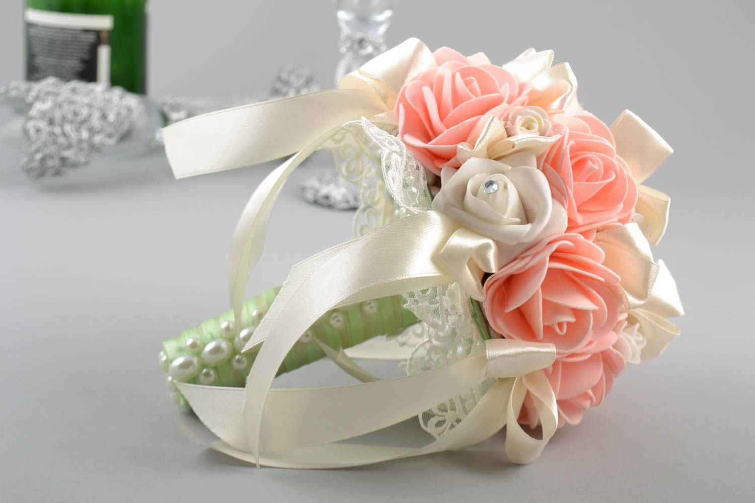 Handmade decorative wedding bouquet with foamiran flowers ribbons and beads photo 1