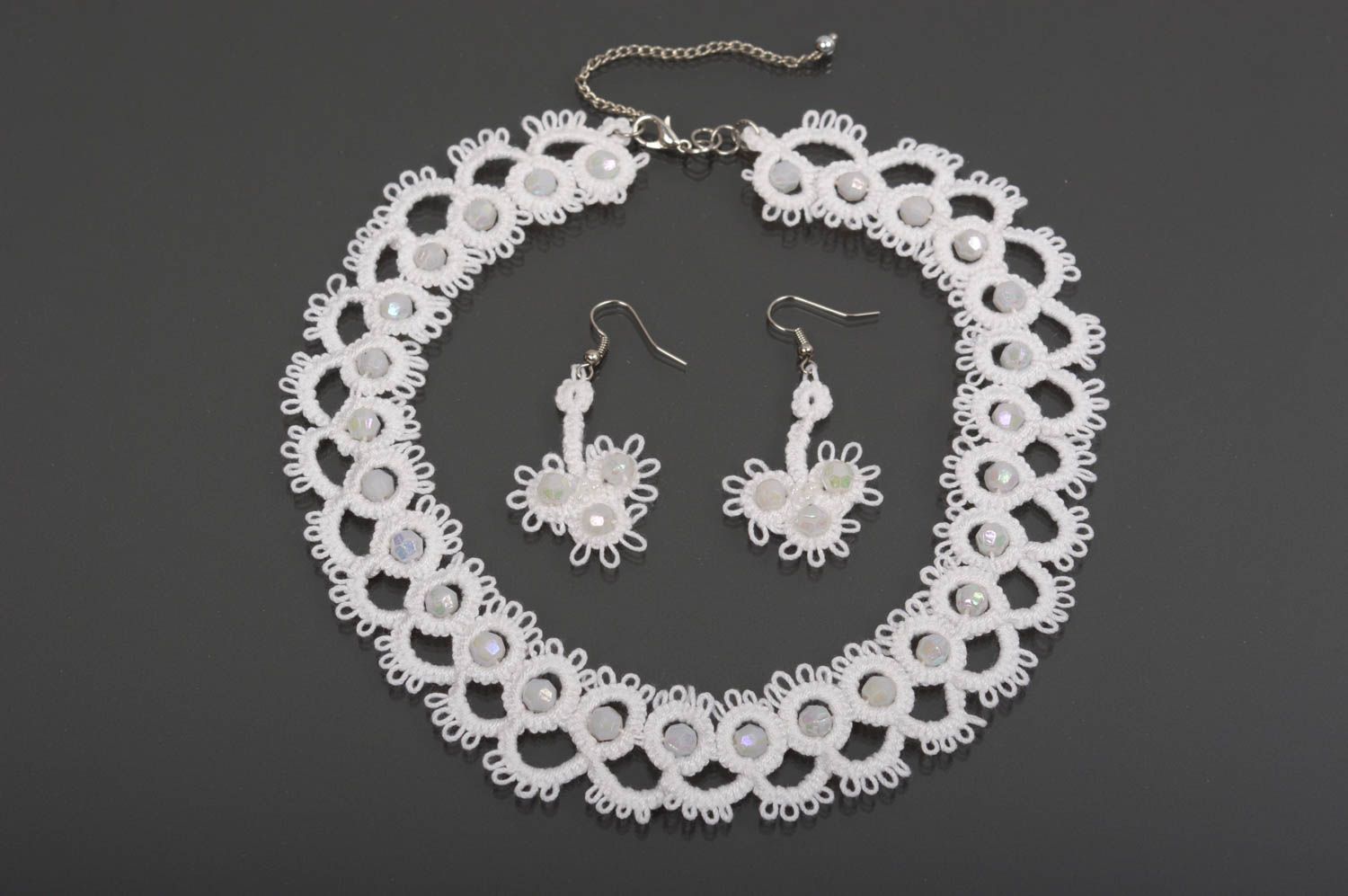 Unusual handmade woven thread earrings woven necklace design textile jewelry set photo 1