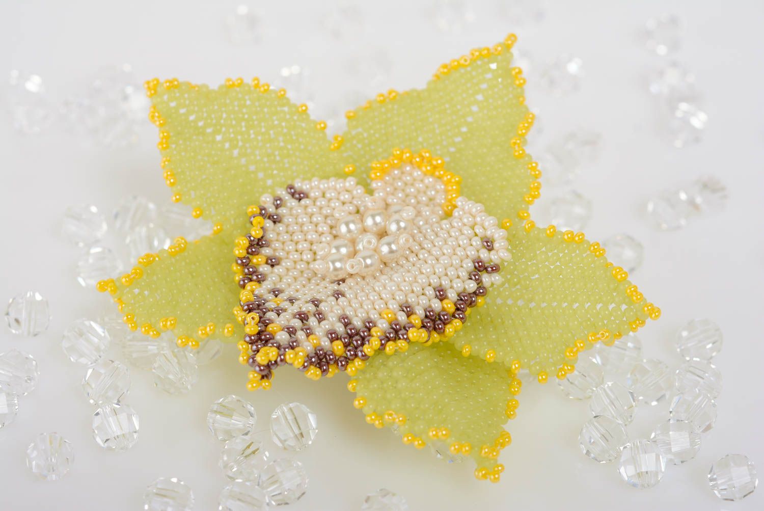 Handmade large volume bead woven brooch with pin fastener Yellow Flower on Leaf  photo 1
