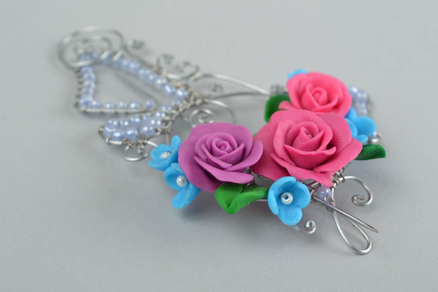 Beautiful handmade designer polymer clay flower brooch on wire wrap basis photo 5