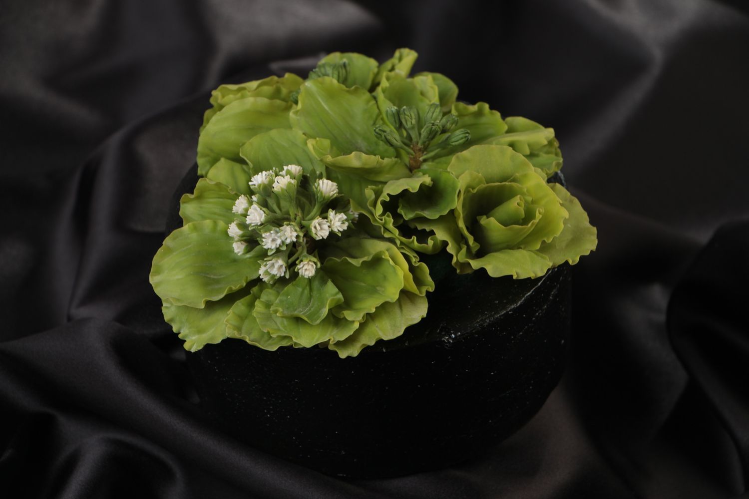 Small green handmade polymer clay flower composition in pot for home decor photo 1