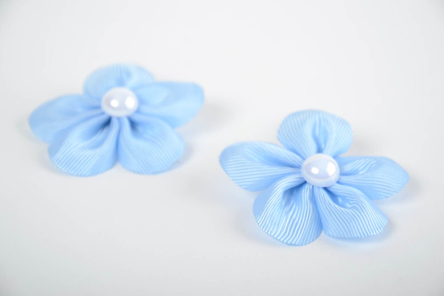 Handmade tender hair clips with light blue rep ribbon flowers set of 2 items photo 5