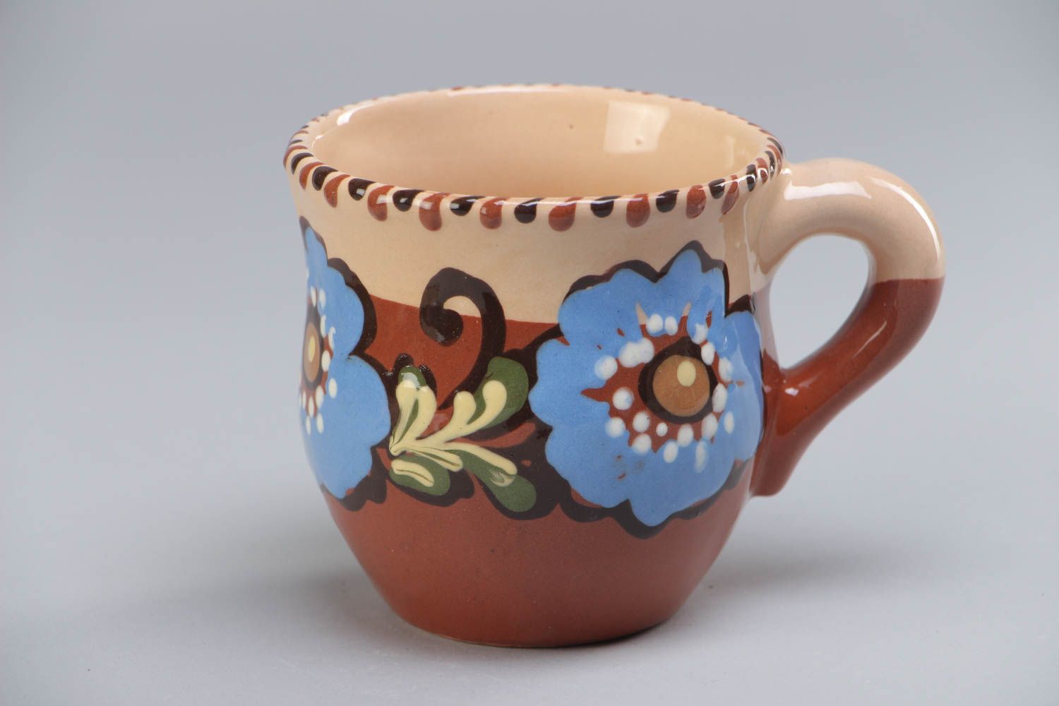 8 oz clay glazed coffee cup with handle and blue flower pattern photo 2