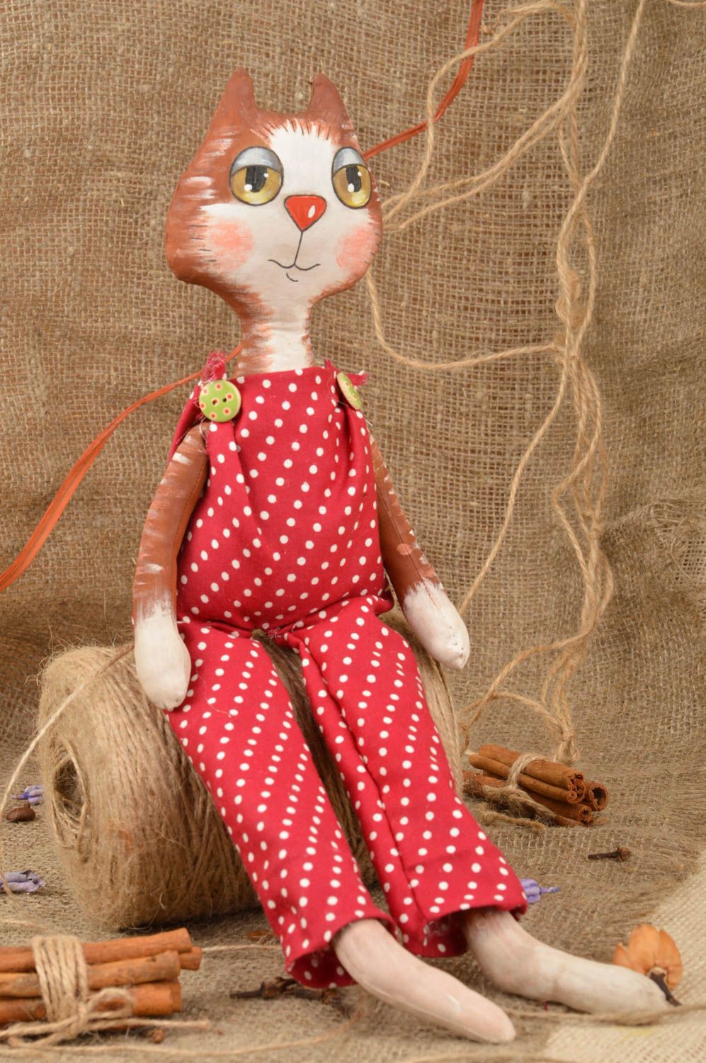 Handmade designer fabric soft toy with vanilla fragrance cat in red overall photo 1