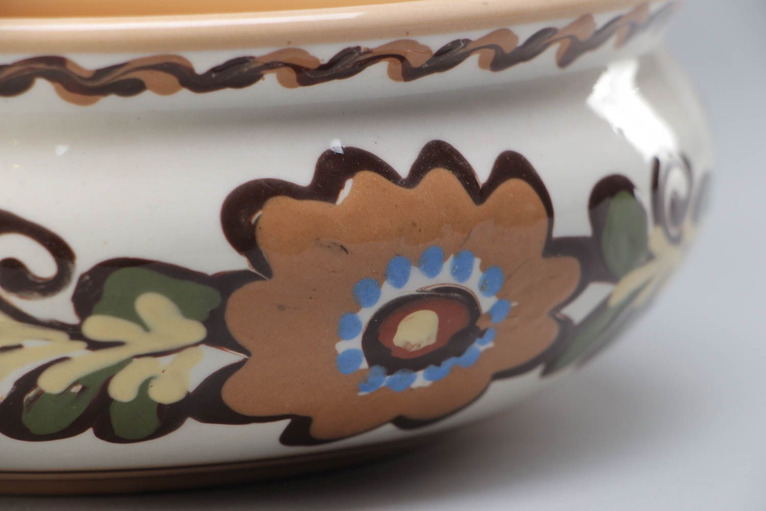 Handmade designer ceramic bowl for 1.3 l painted with colorful glaze with flowers photo 4