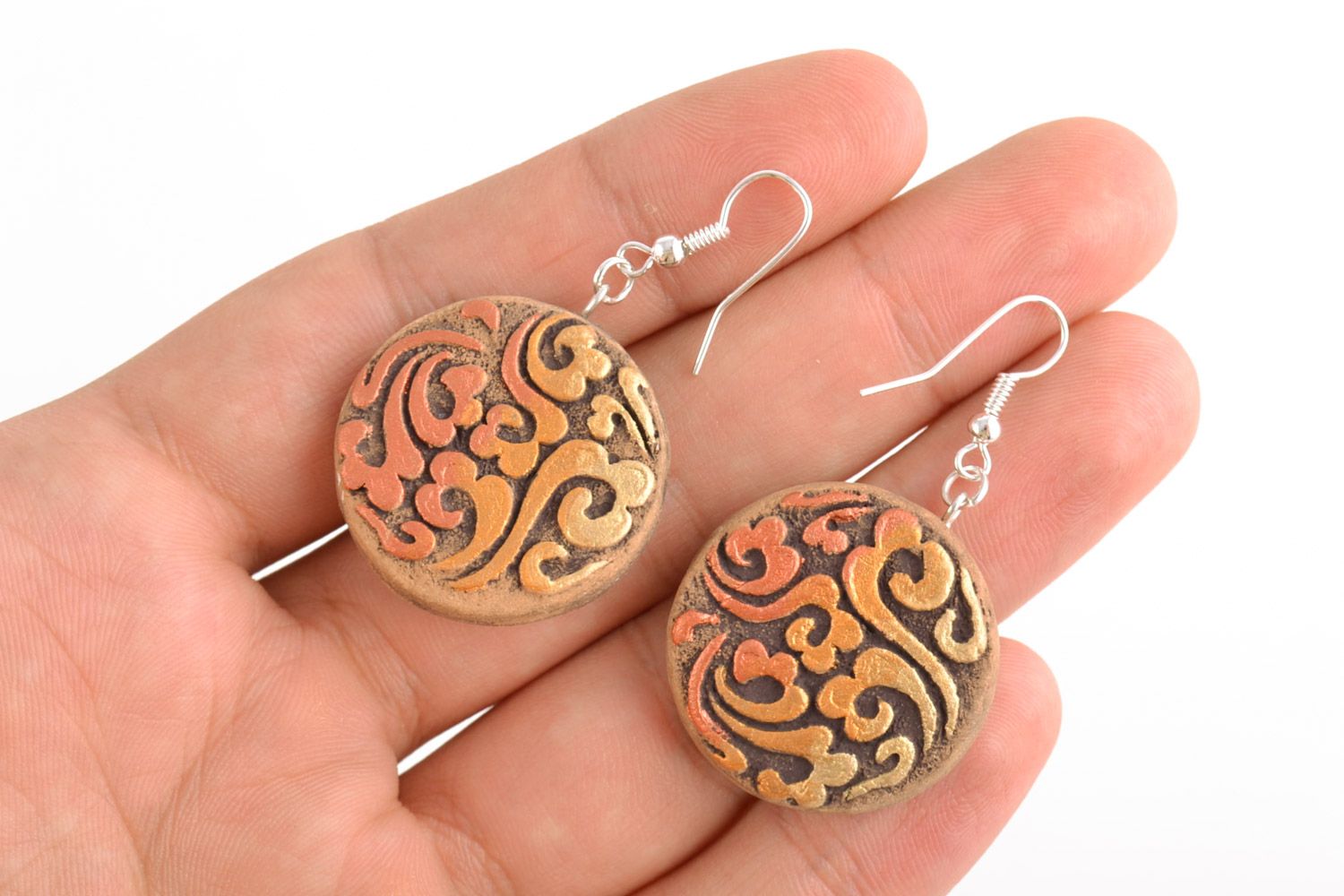 Handmade ethnic round ceramic dangling earrings with relief ornament for women photo 2
