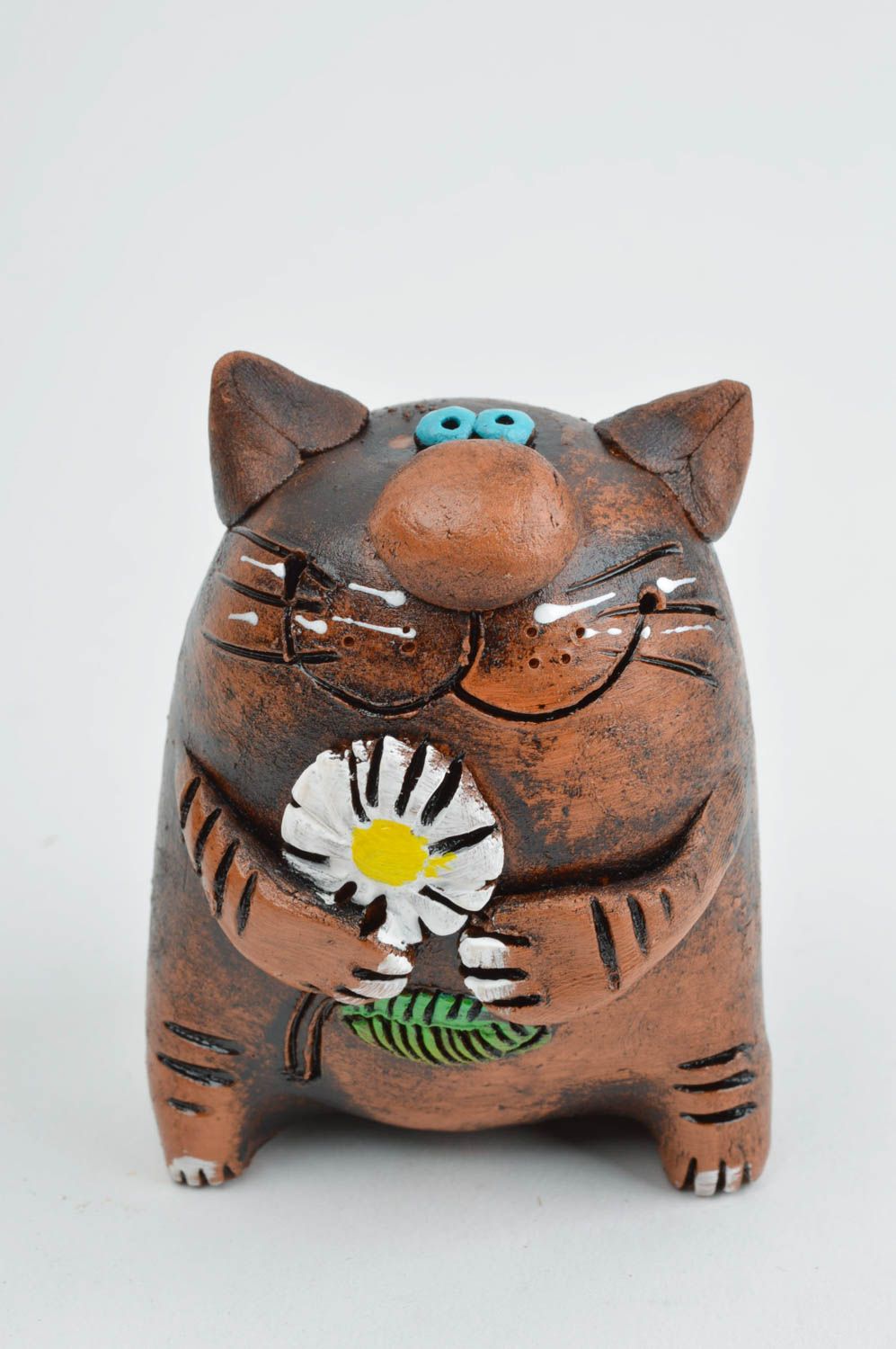 Figura de barro artesanal decoración de hogar regalo para amigo Gato con flor  foto 3