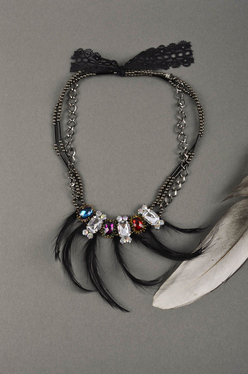 Handmade massive necklace unusual designer necklace jewelry with feather photo 1