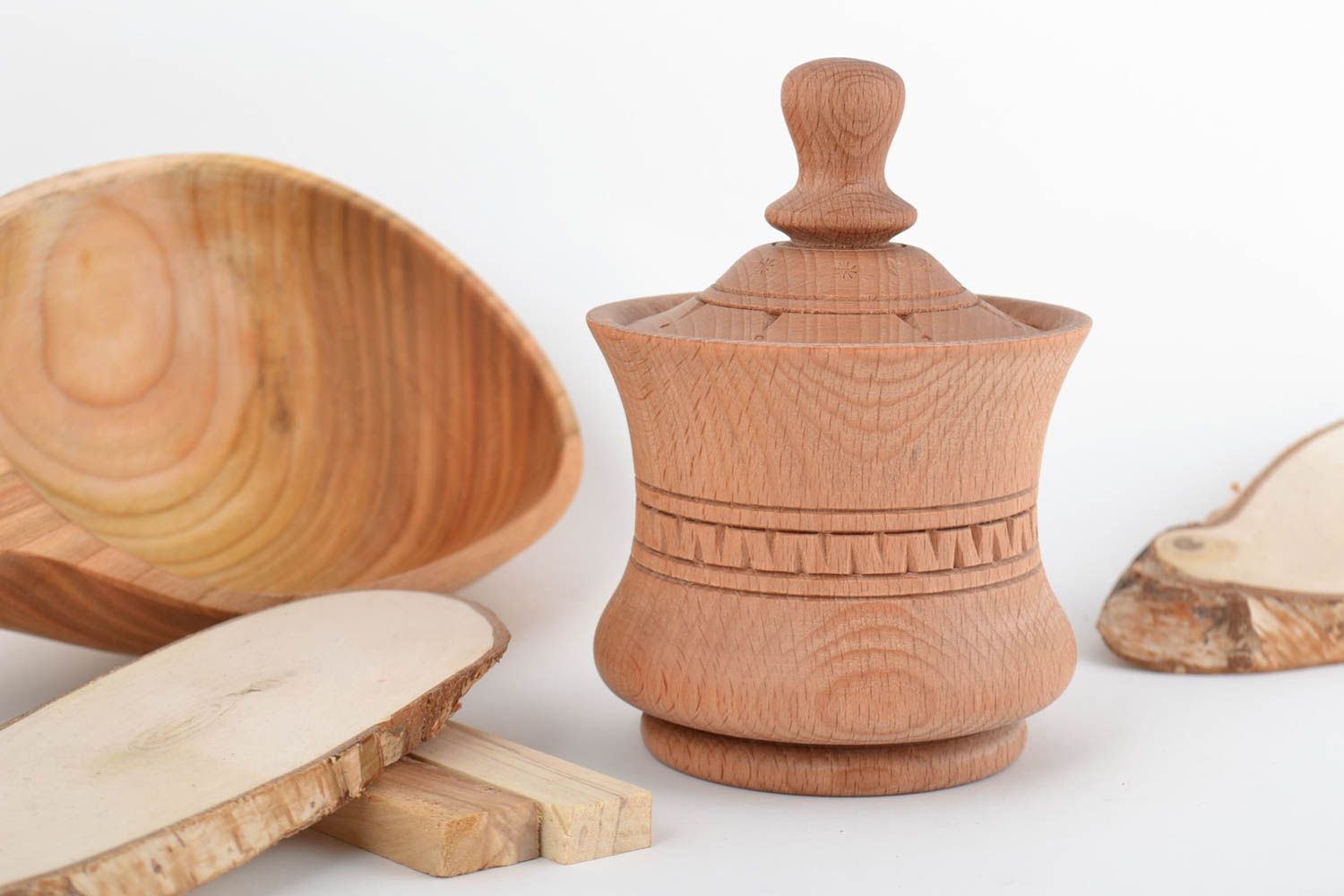Handcrafted wooden pot with lid for bulk products 300 ml bowl for sugar photo 1
