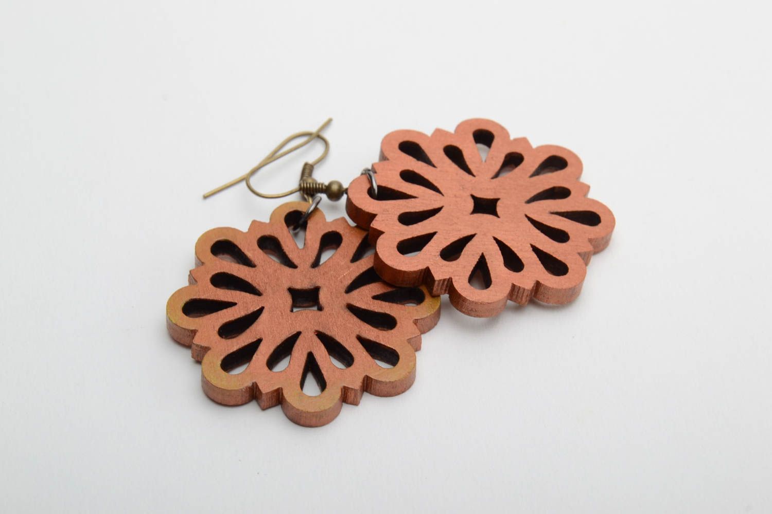 Handmade designer lacy dangling plywood earrings in the shape of flowers photo 5