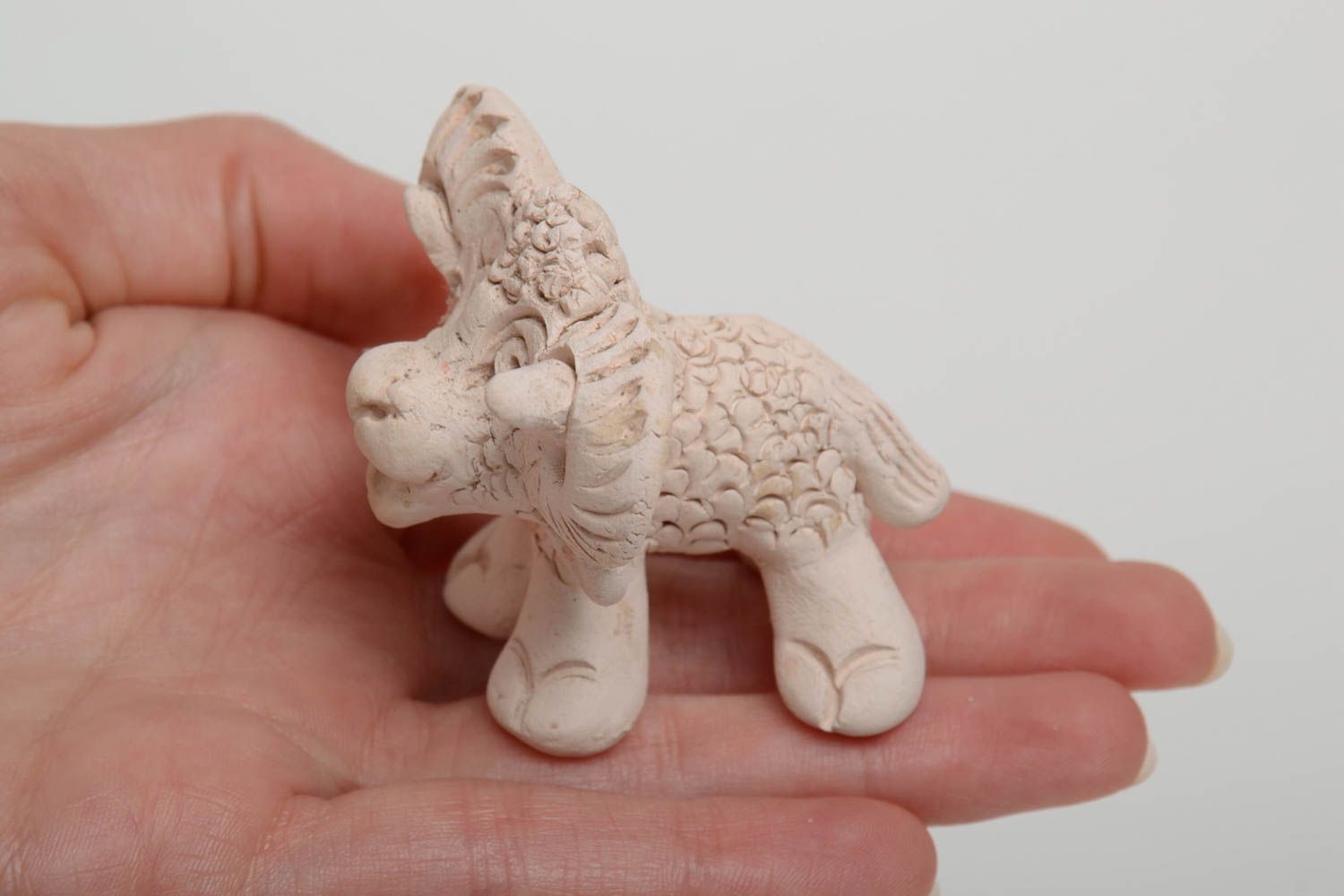 Unusual miniature handmade clay statuette of white lamb photo 5
