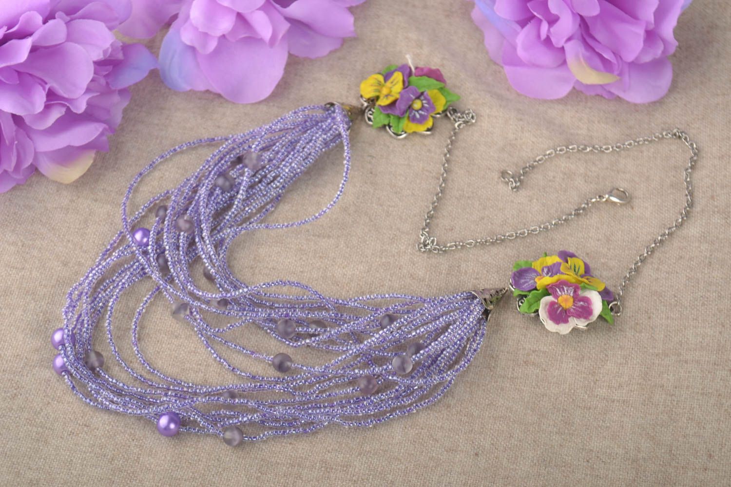 Handmade Blumen Collier Schmuck aus Rocailles Accessoire für Frauen lila foto 1