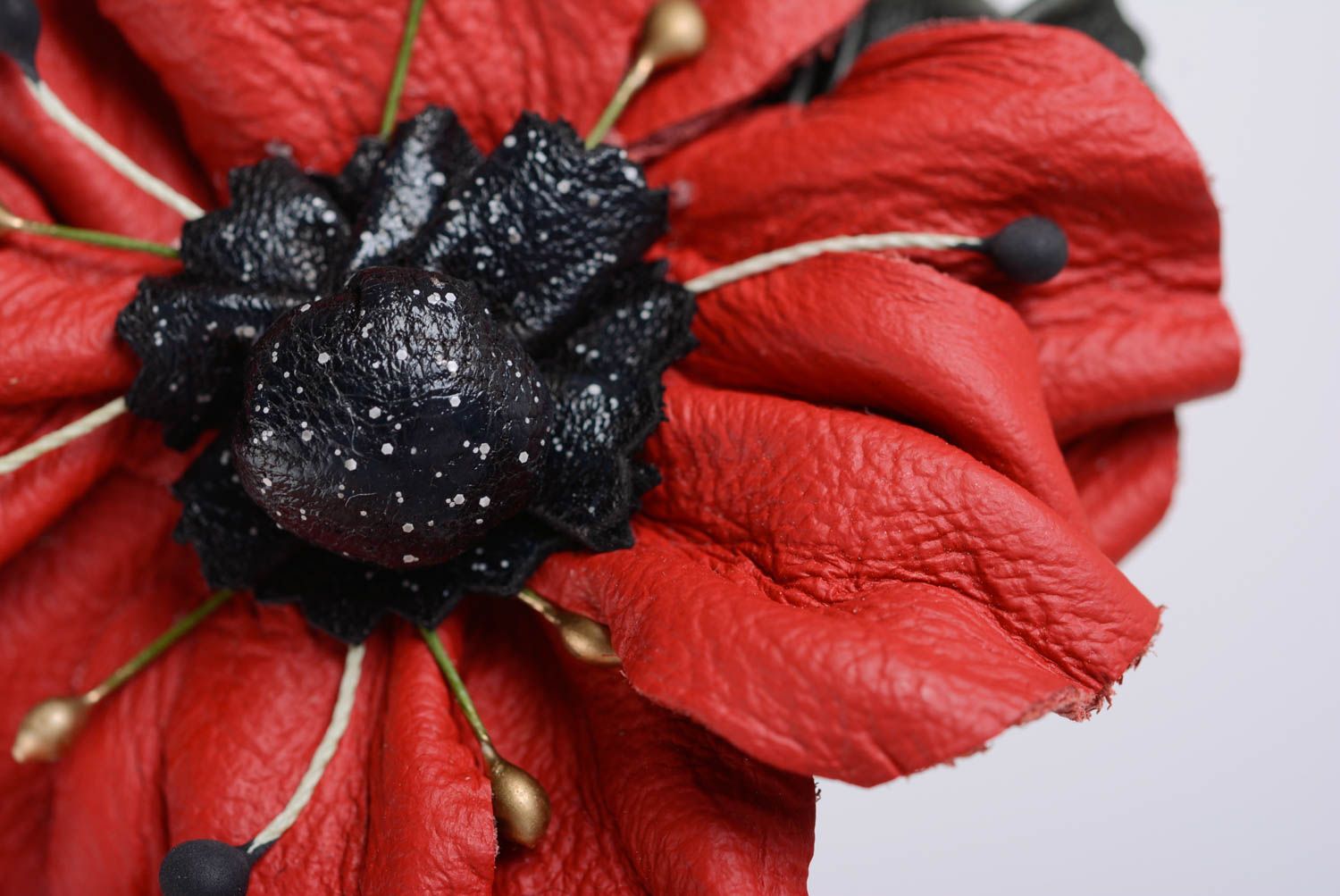 Handmade stylish volume leather flower brooch hair clip of red color photo 2