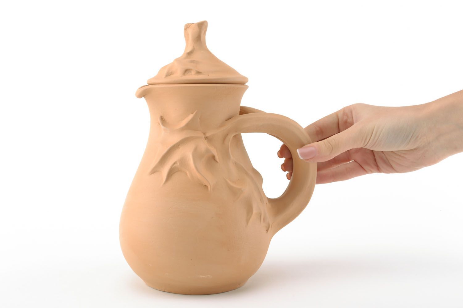 80 oz clay wine jug with handle and lid, and molded ornament 2,9 lb photo 1