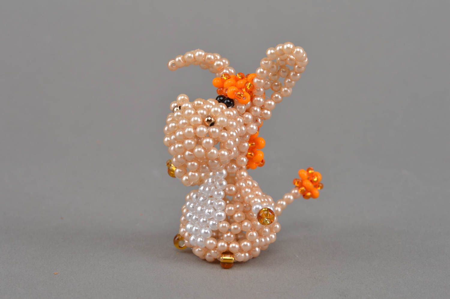 Small handmade woven bead statuette of beige donkey for home interior decor photo 2