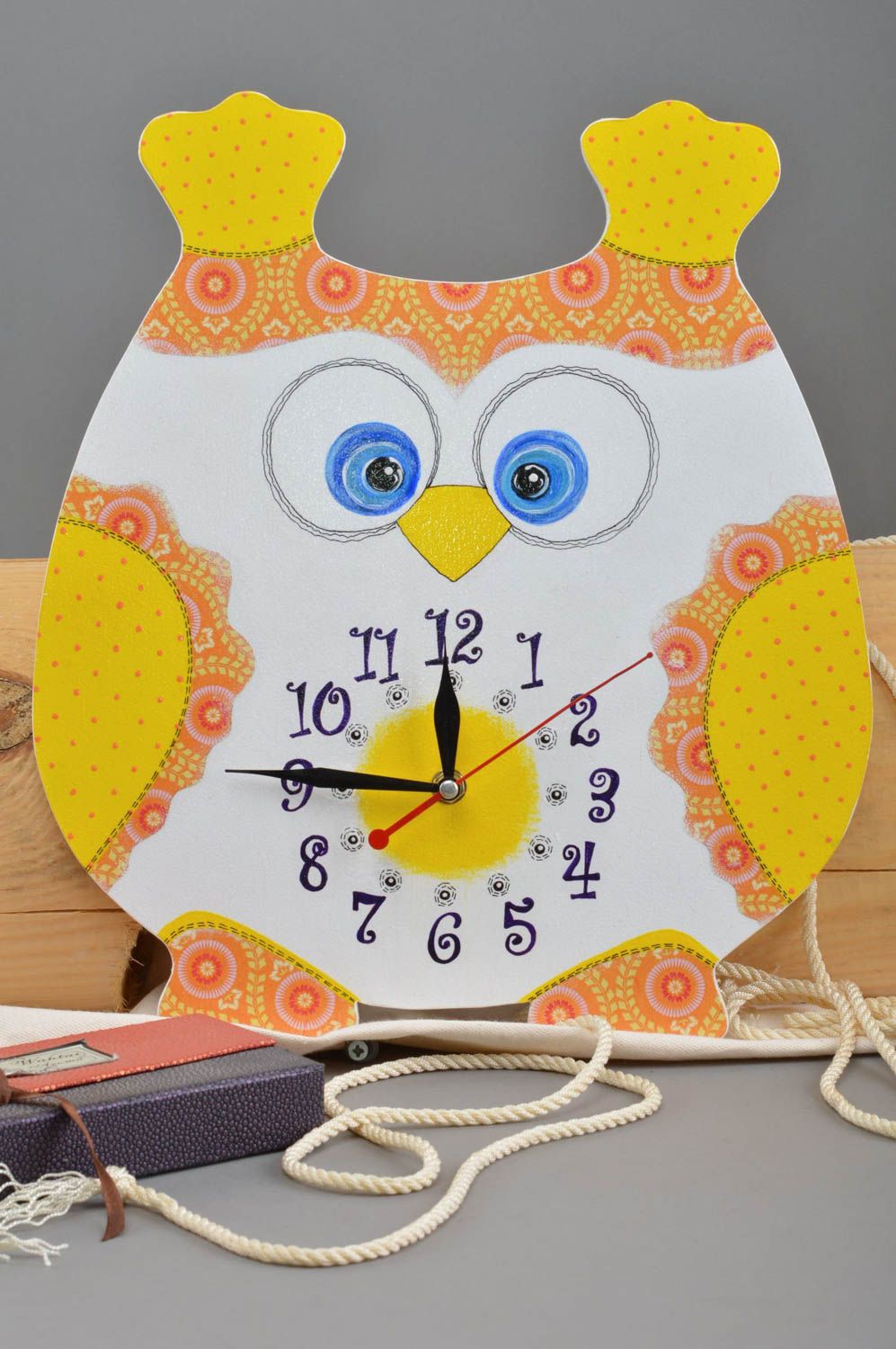 Handmade clock decoupage technique plywood clock yellow owl best gift ideas photo 1