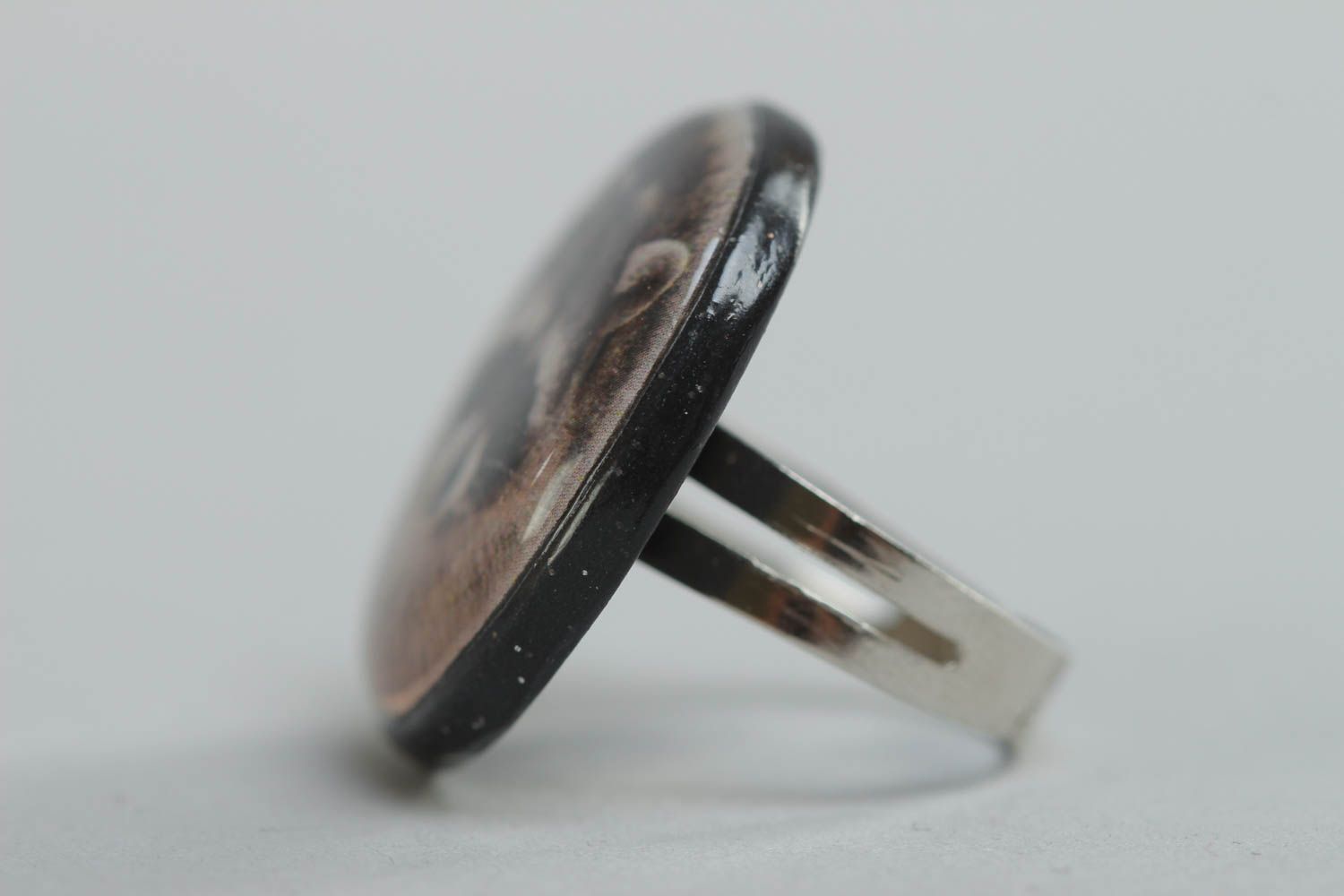 Stylish handmade round glass glaze ring with raccoon image photo 2
