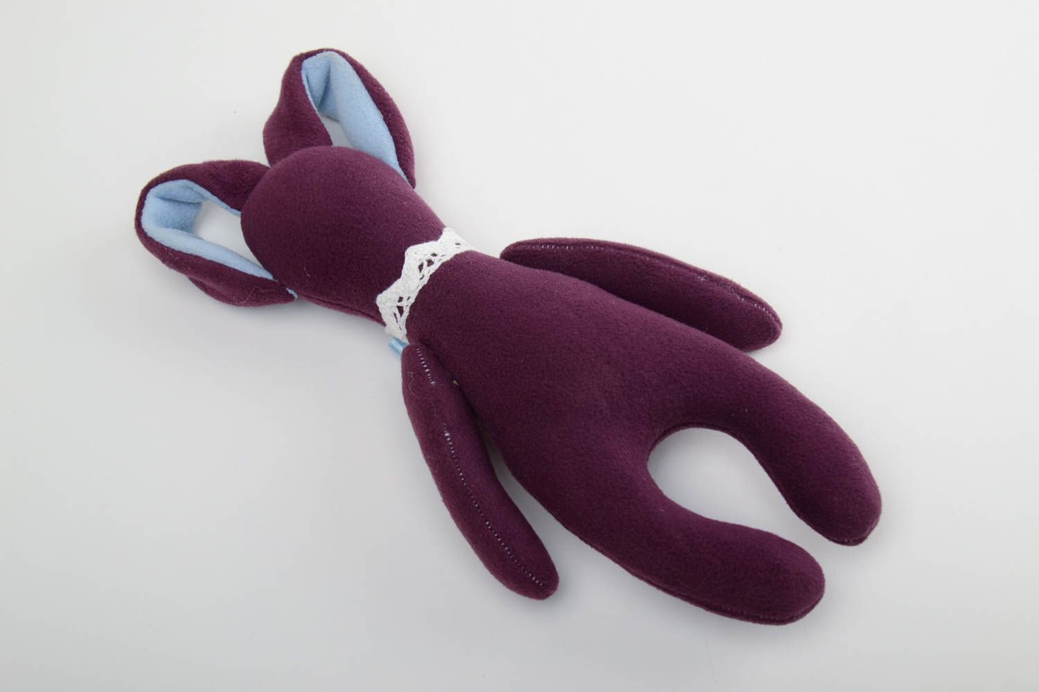 Handmade designer soft toy sewn of fleece violet rabbit with long ears photo 4