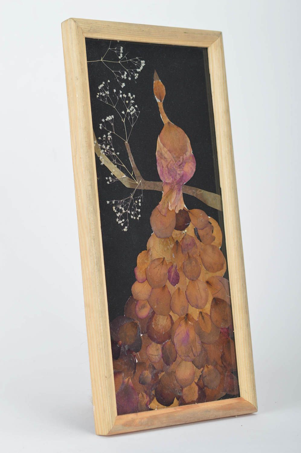 Картина из сухих листьев и лепестков роз трав на ткани ручной работы Жар-птица фото 1