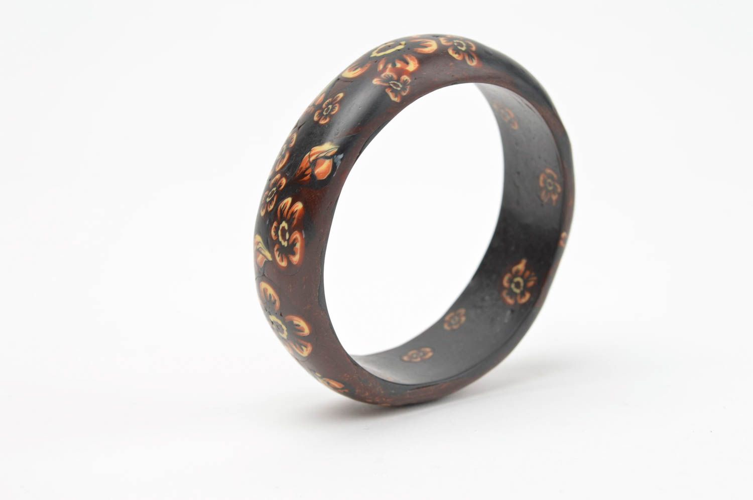Polymer clay brown bangle bracelet with flowers photo 4