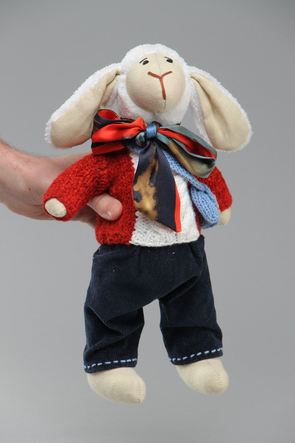 Handmade soft toy sewn of linen and plush fabrics Lamb in red knitted sweater photo 5