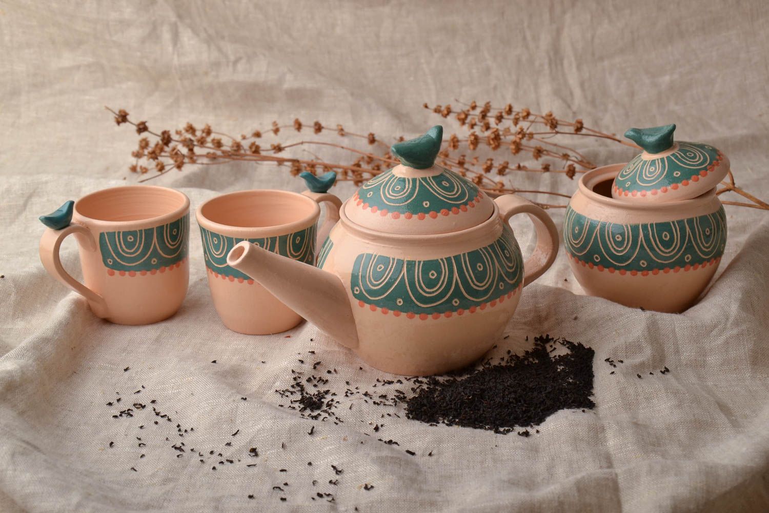 Keramik Geschirr Set Zuckerdose Teekanne und zwei Tassen foto 1