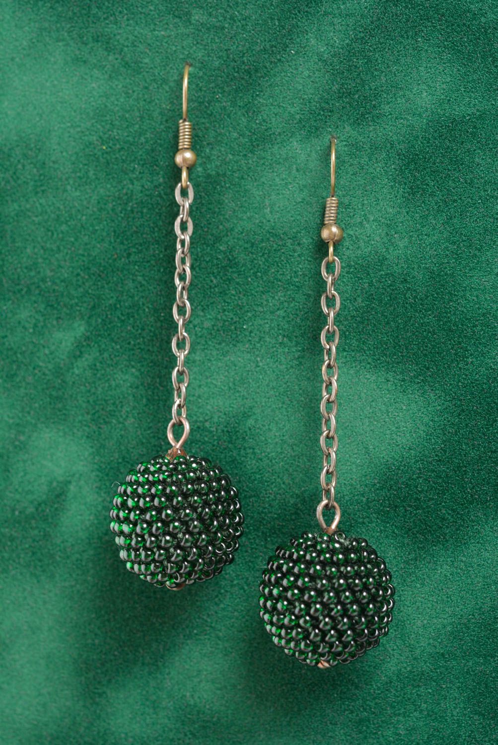 Unusual beautiful handmade designer green beaded earrings on chain photo 1