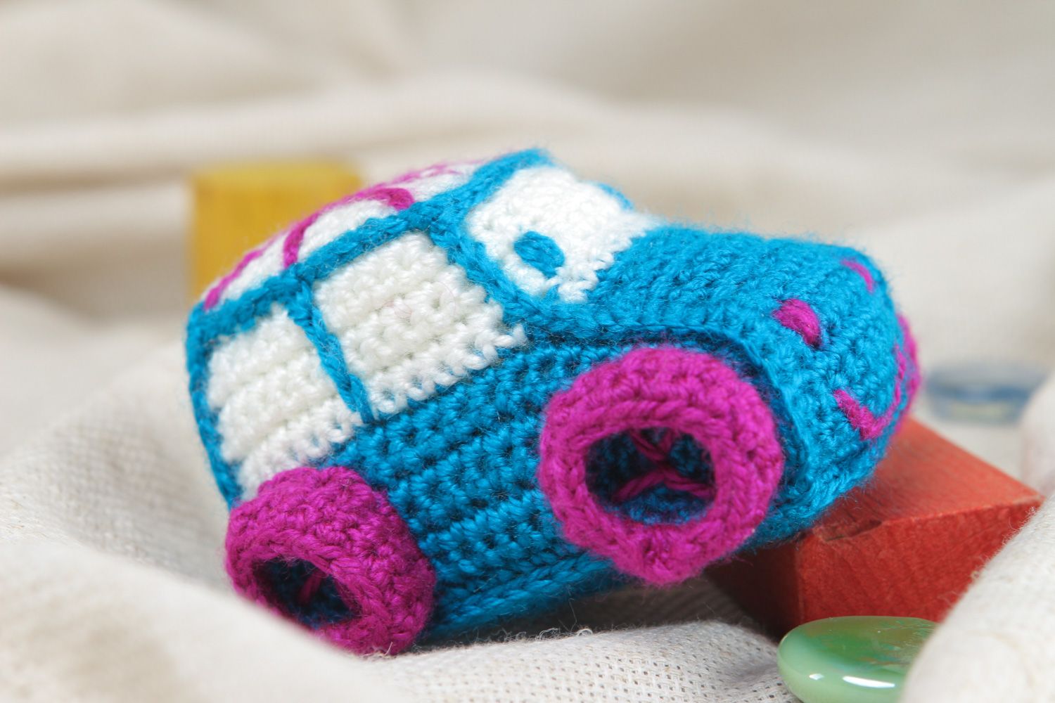 Handmade soft toy in the shape of small car crocheted of acrylic threads photo 5