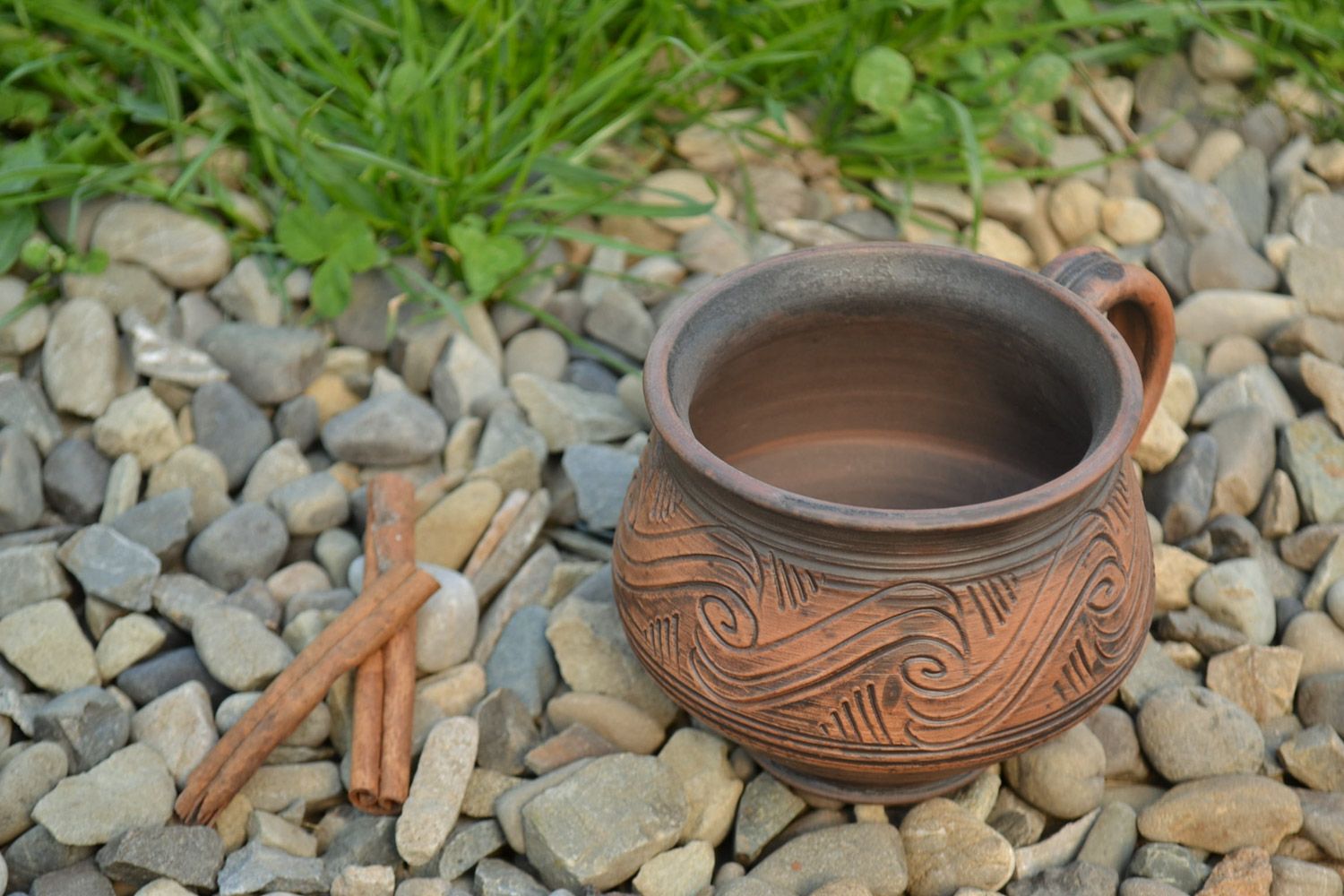 8 oz clay brown coffee bowl-shaped cup with handle and pattern photo 1