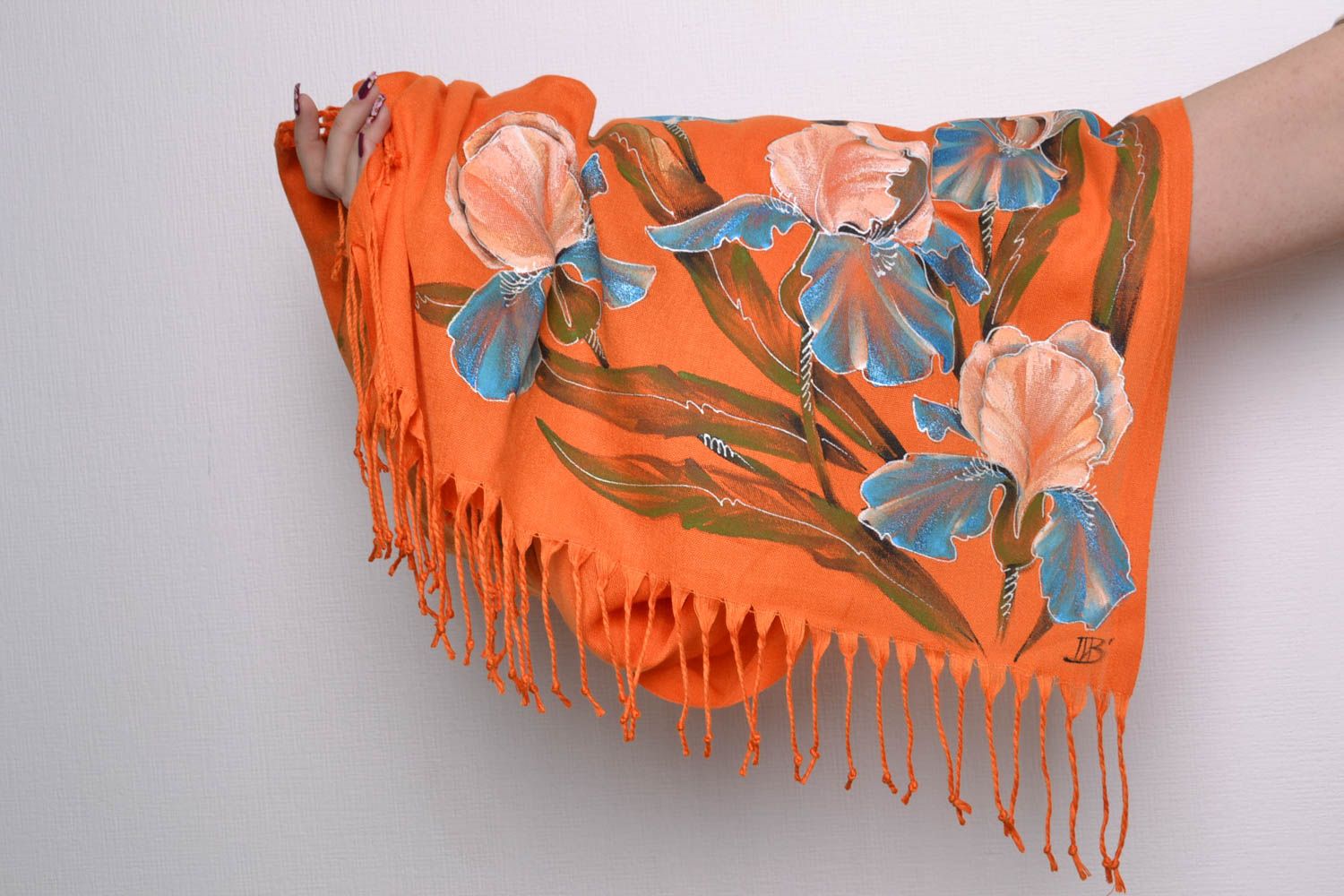 Красивый шарф с росписью оранжевый  фото 5