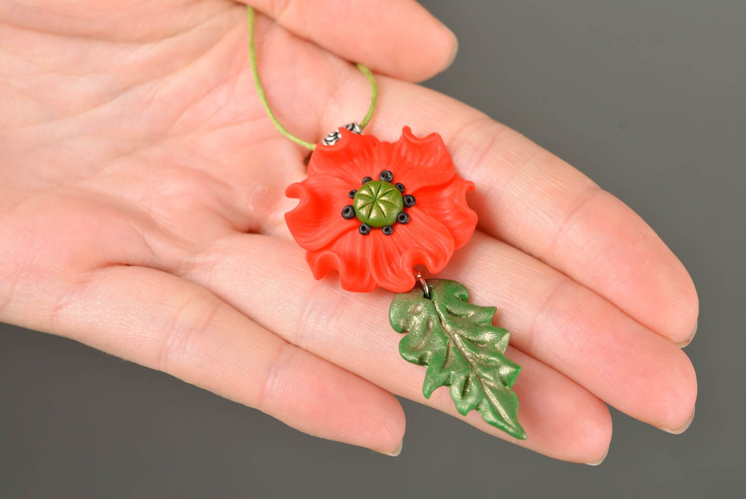 Handmade flower pendant made of polymer clay on a green lace red poppy  photo 2