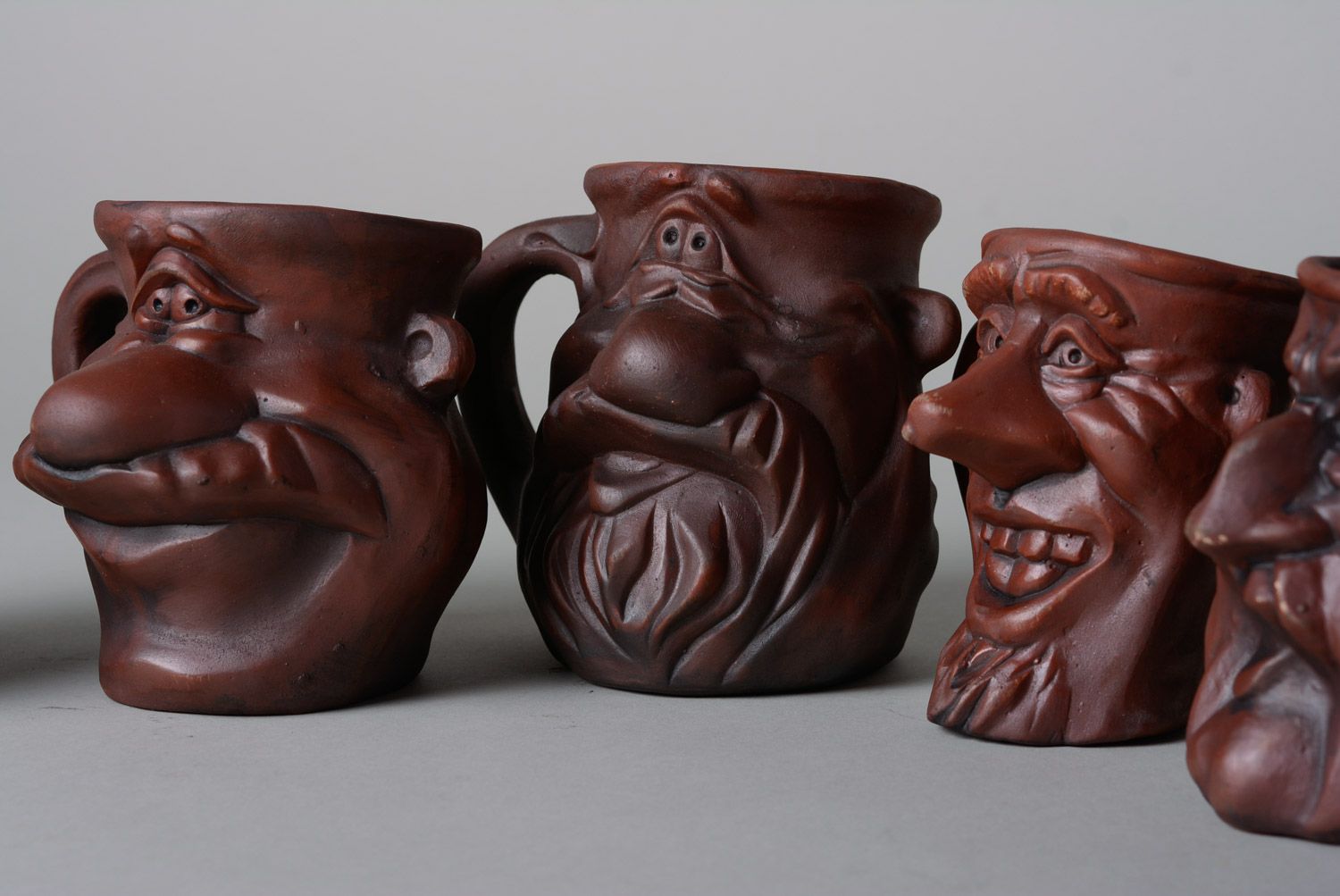 Set of 6 six ceramic handmade drinking cups in the shape of different funny faces  photo 2