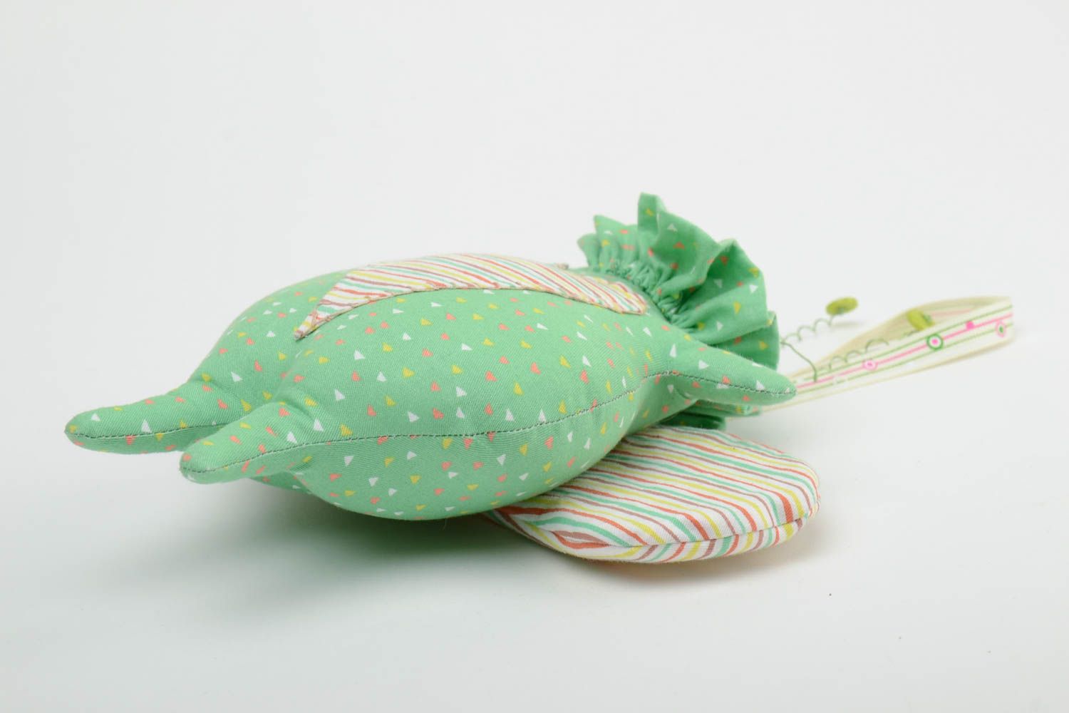 Handmade small satin fabric soft toy funny green beetle with striped wings photo 3