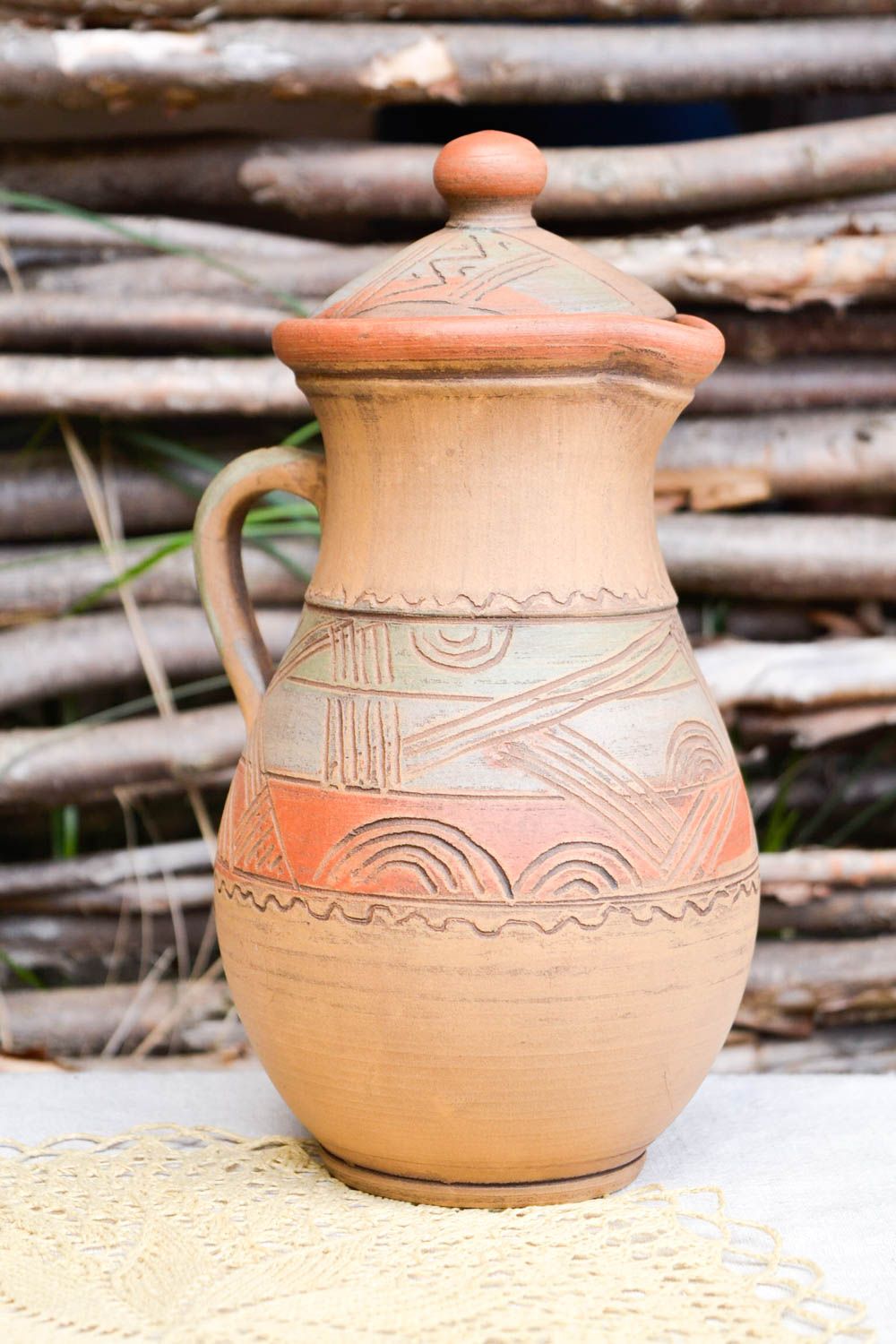 Глиняный кувшин ручной работы посуда из керамики емкость для питья с крышкой фото 1