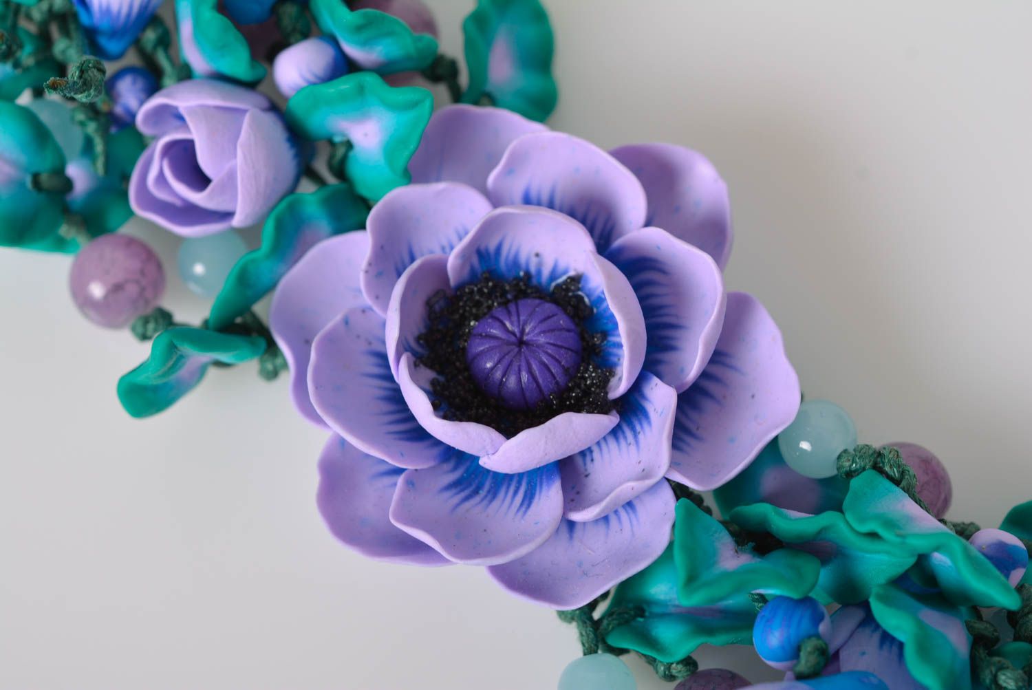Handmade designer wrist bracelet with blue volume polymer clay flowers photo 5