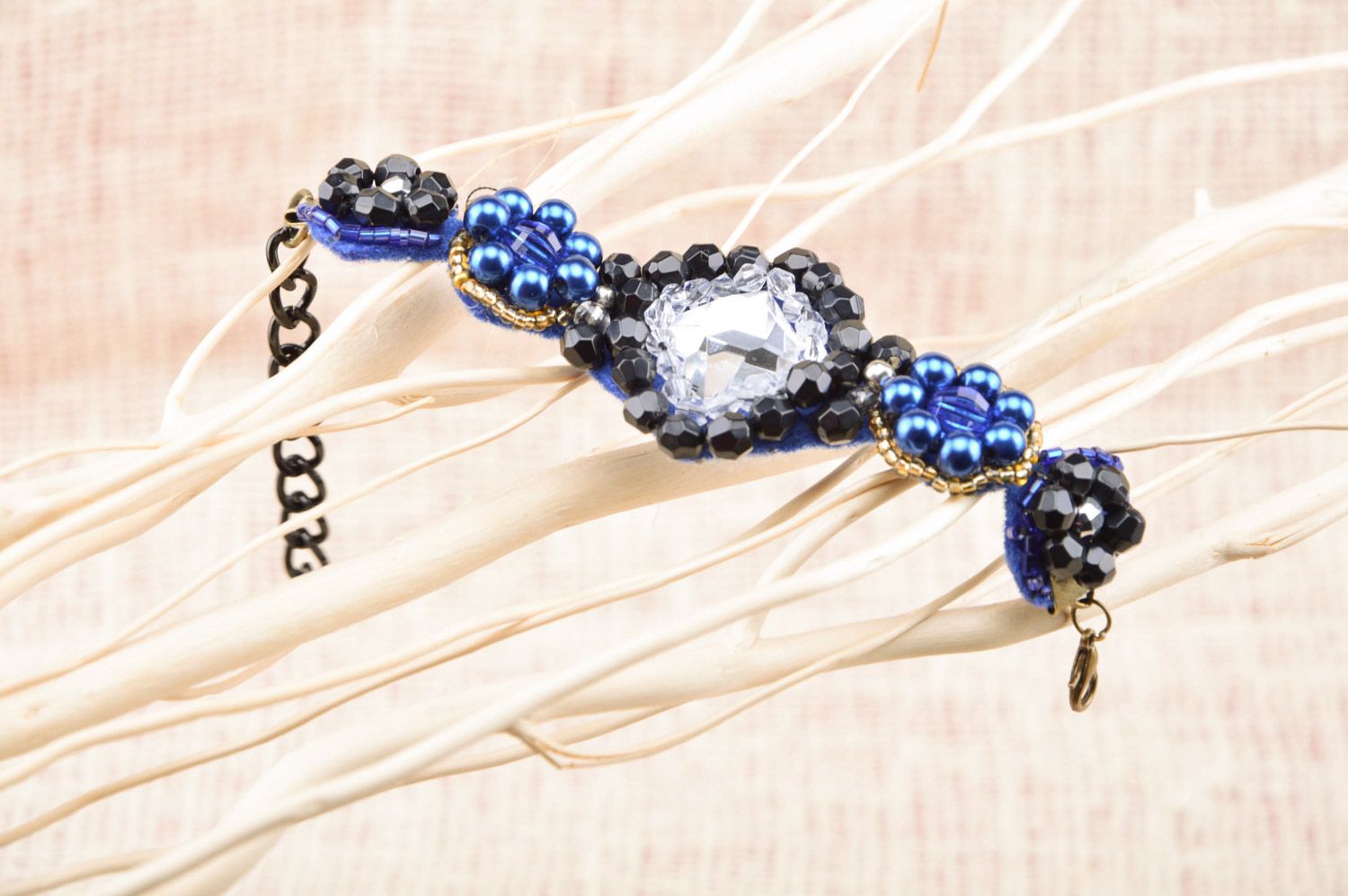 Elegant evening beaded wrist bracelet with chain in blue color palette handmade photo 5