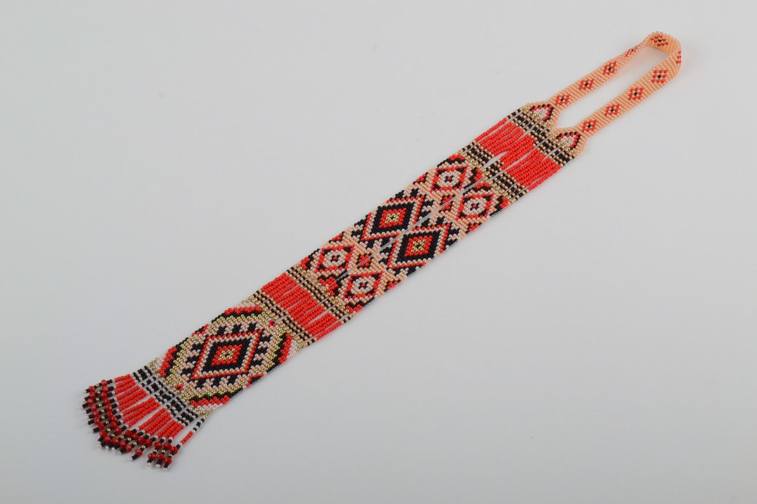 Handmade ethnic necklace woven of beads and bugles in red color palette for women photo 2
