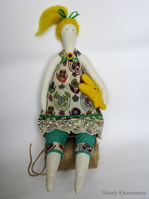 Designer doll with rabbit sewn of natural fabrics photo 1