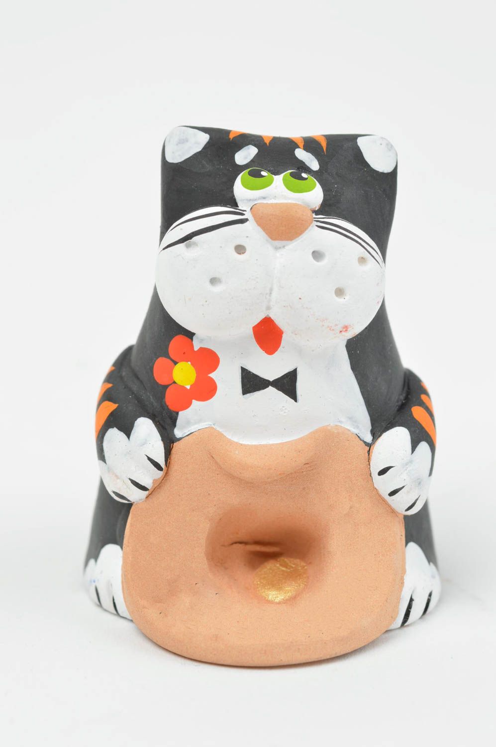 Lustige handgemachte grelle künstlerische Statuette aus Ton Katze mit Hut bemalt foto 3