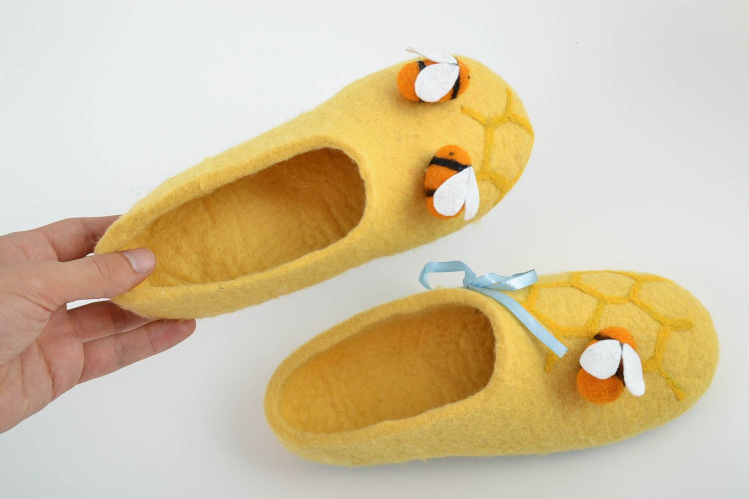 Beautiful yellow handmade designer felted wool women's house slippers photo 3
