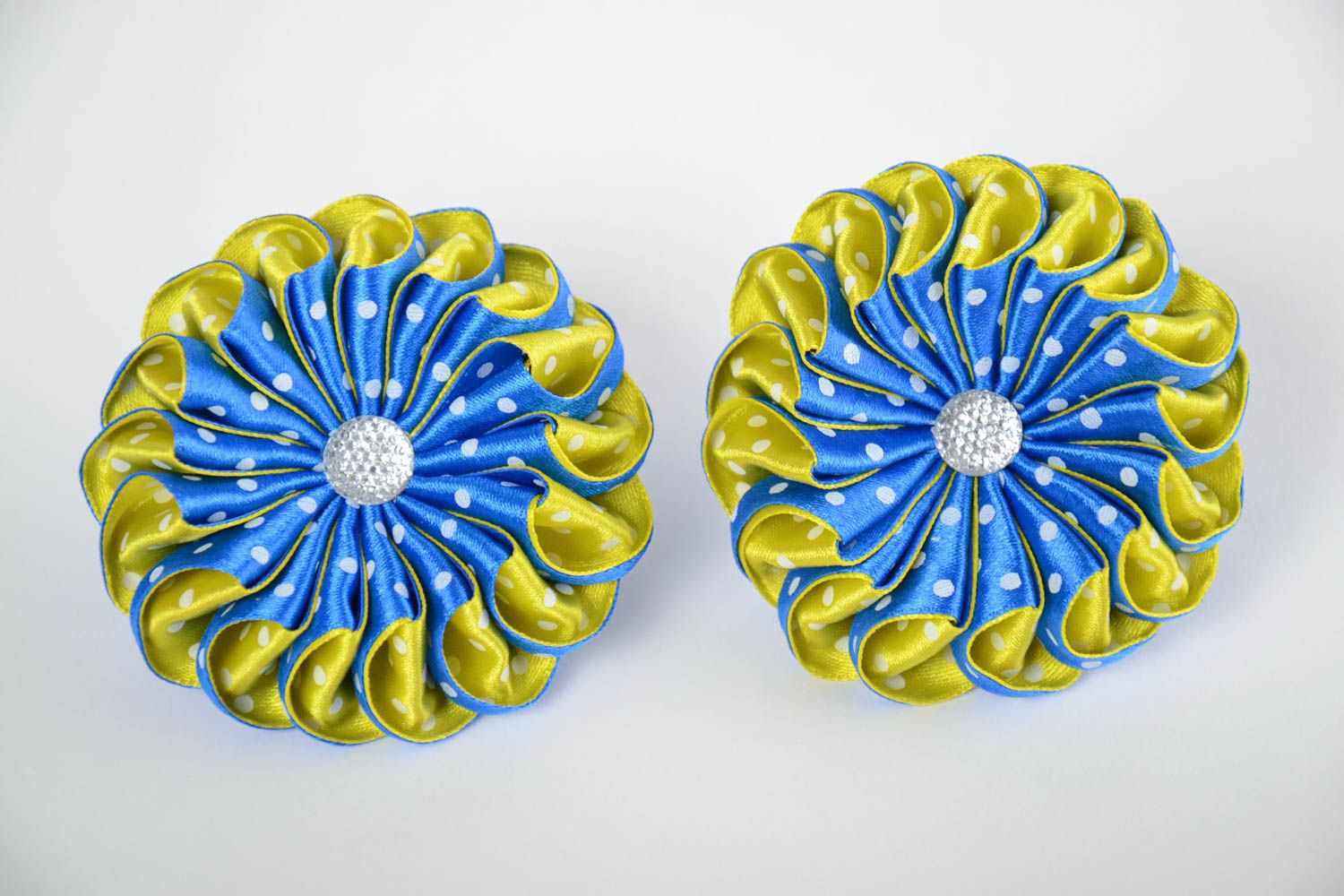 Ensemble d'élastiques à cheveux bleu jaune à pois en satin faits main 2 pièces photo 5