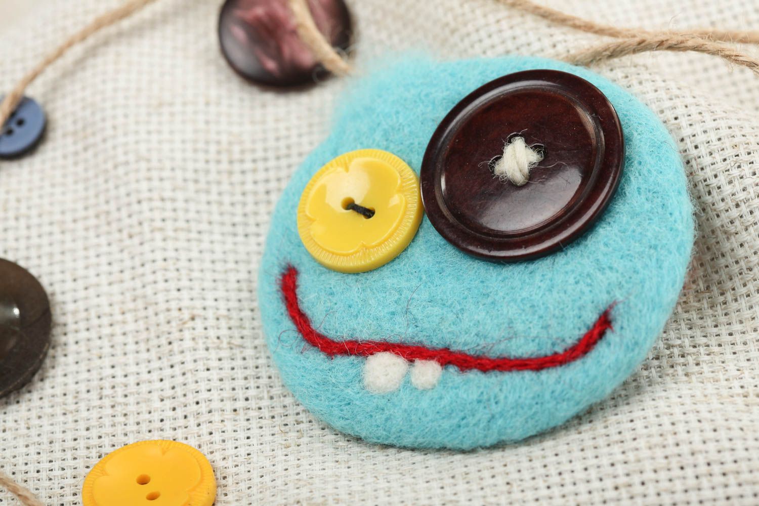 Brooch wool felting technique blue funny smiley with buttons handmade accessory photo 1