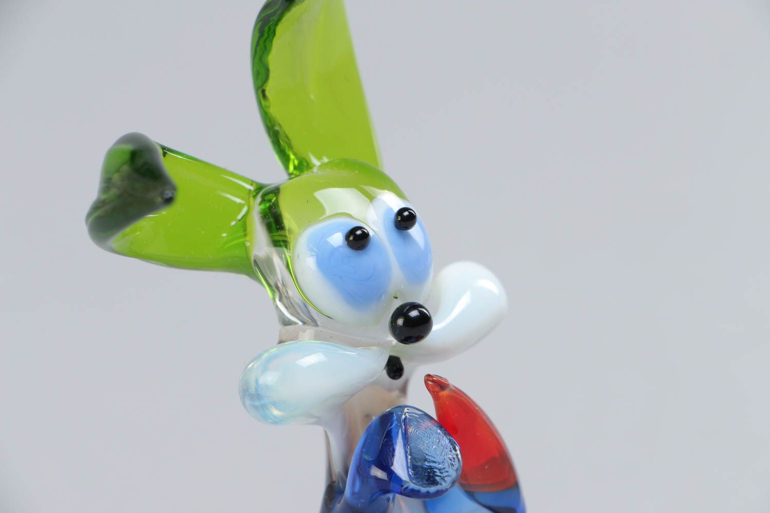 Handmade collectible lampwork glass animal figurine of rabbit with green ears photo 2