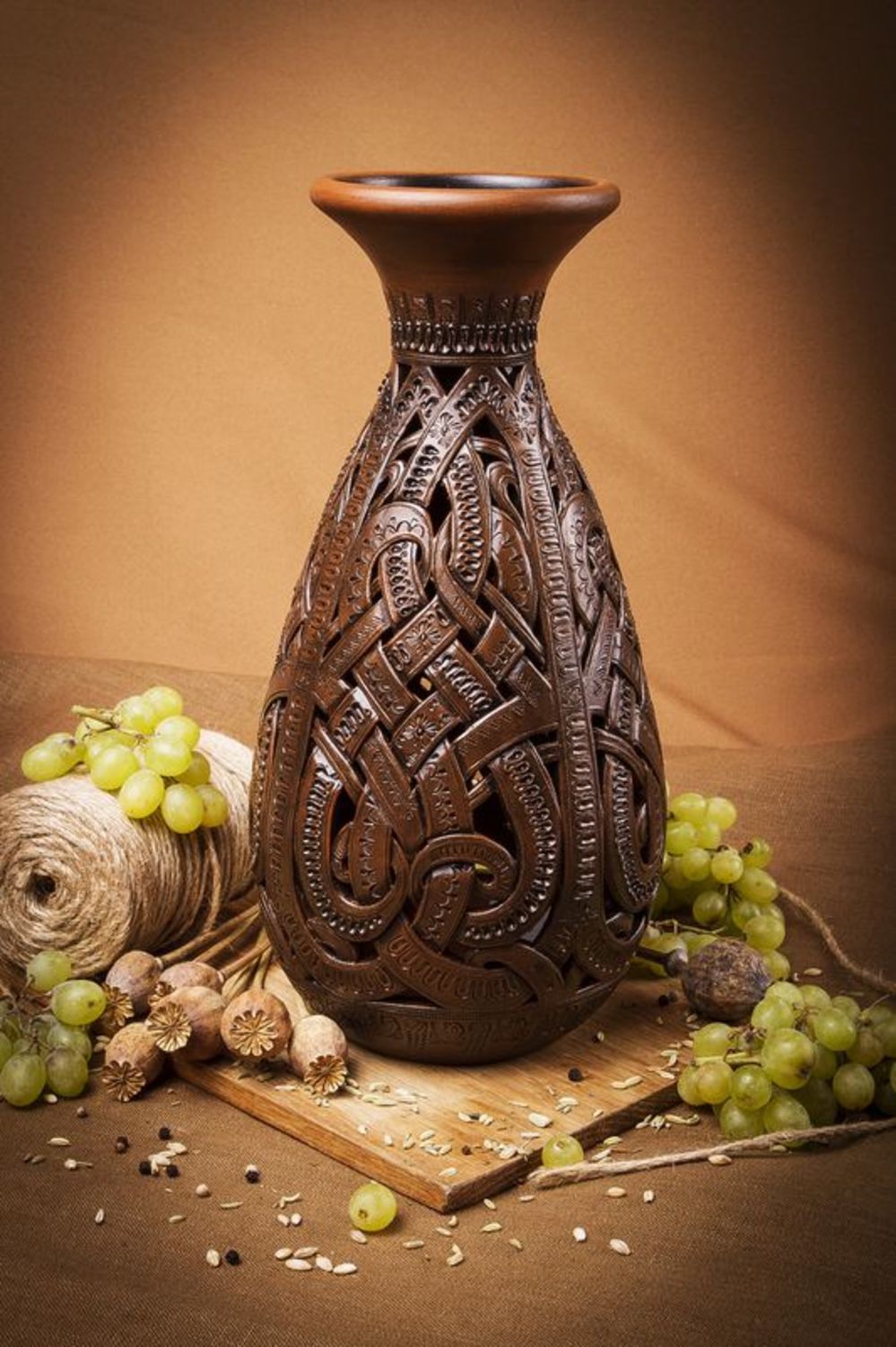 15 inches ceramic brown vase in classic style made of clay laces 2,2 lb photo 1