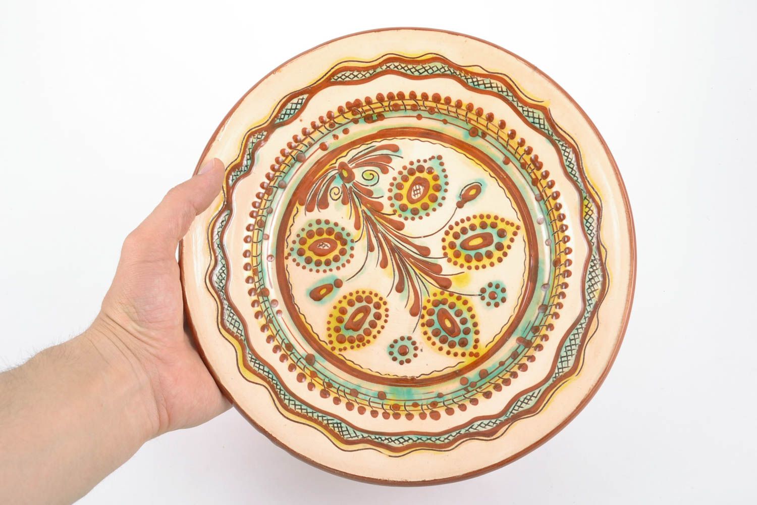 Настенная декоративная тарелка расписная глиняная красивая цветная ручной работы фото 2