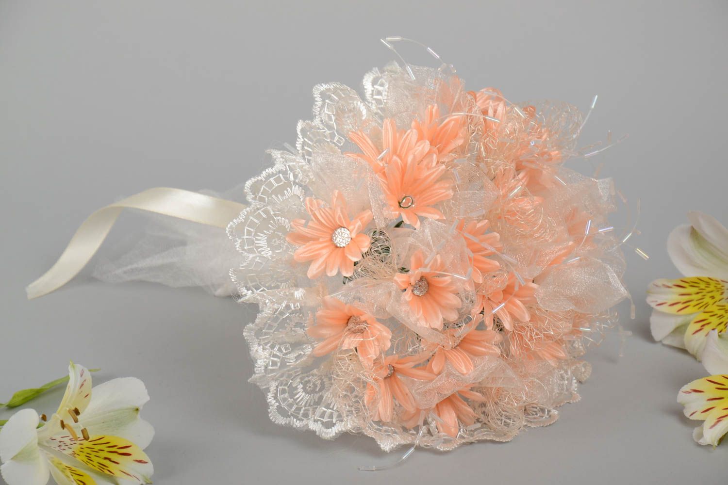 Beautiful handmade wedding bouquet of artificial flowers of peach color photo 1