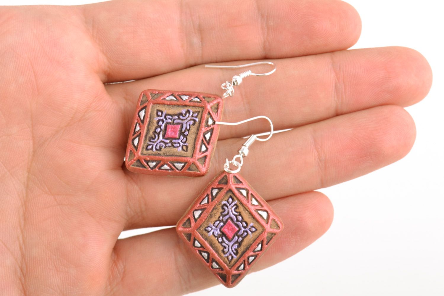 Handmade small cute painted ceramic dangling earrings in the shape of rhombuses  photo 2