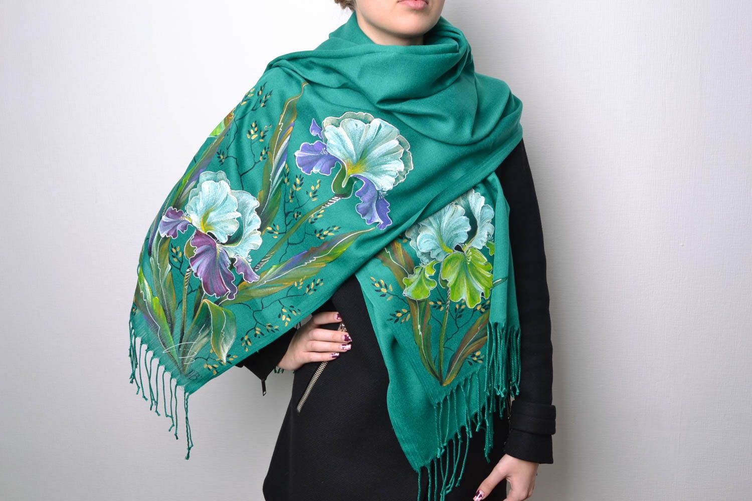 Длинный шарф с цветами кашемировый зеленый  фото 1
