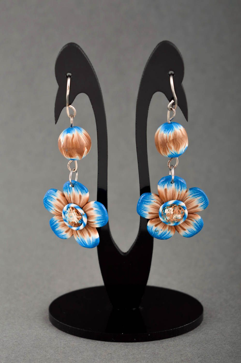 Handmade lange blaue Blumen Ohrringe Polymer Schmuck Accessoire für Frauen foto 1