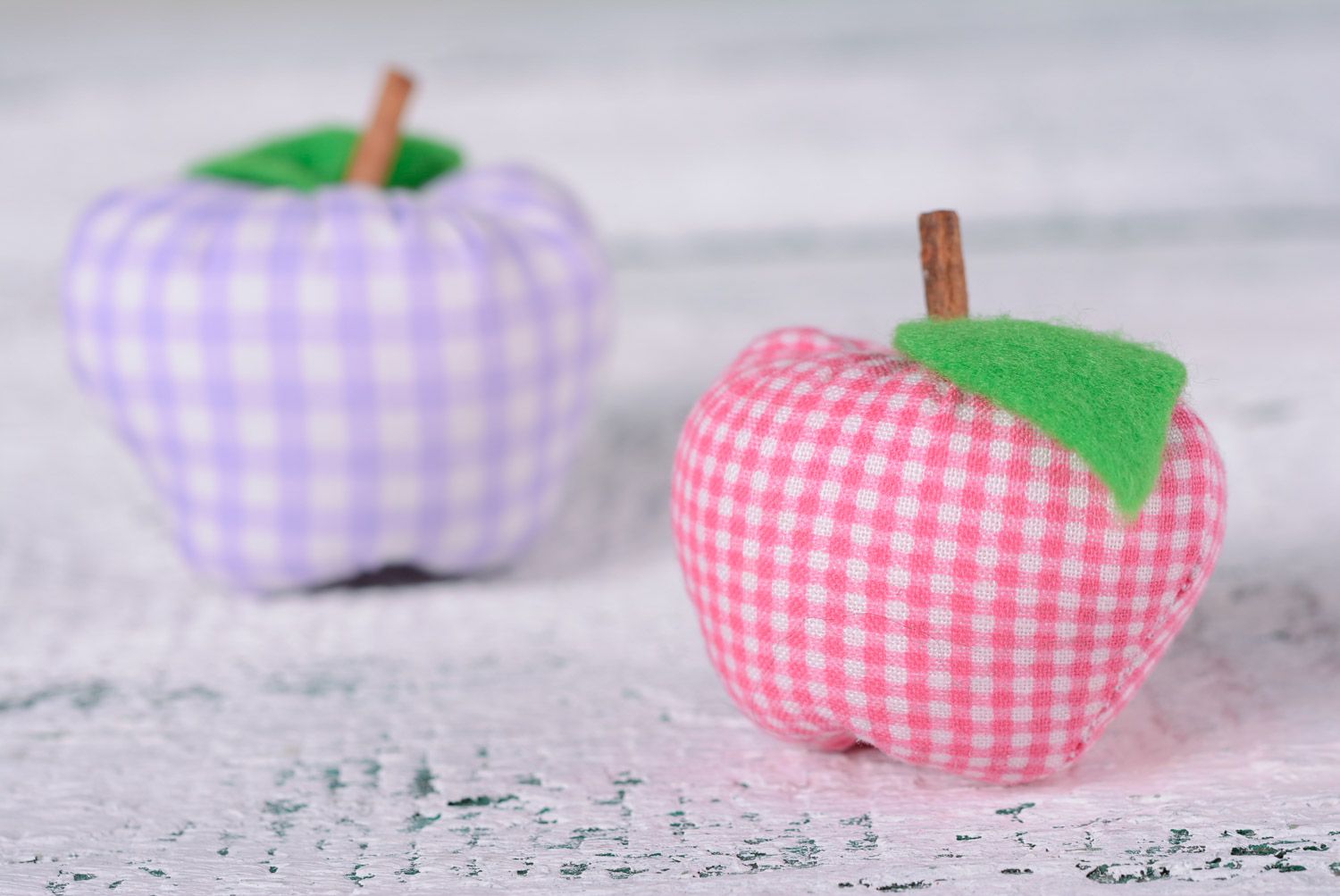 Handmade interior soft toy sewn of cotton in the shape of checkered apple photo 5